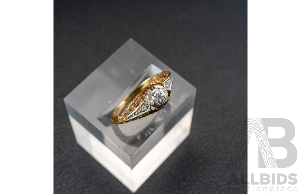 Late Art Deco Antique 18ct/Plat Art Deco Antique Old Rose Cut Diamond Engagment Ring, TDW 0.25ct, Size L, 2.08 Grams