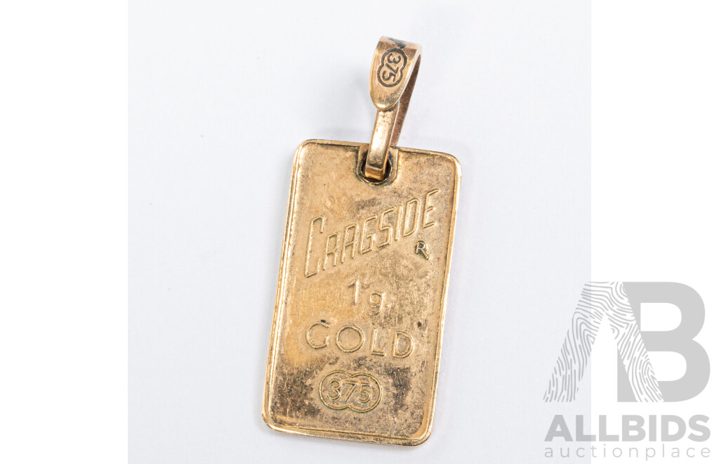 9ct Cragside 1g 375 Gold Ignot Pendant, Hallmarked with Crab Symbol on Reverse, 20mm Long, 1.18 Grams