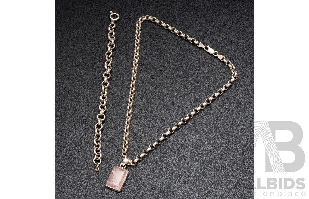 Sterling Silver Rose Quartz Belcher Link Necklace with Pendant & SS Belcher Link Bracelet, 41.13 Grams