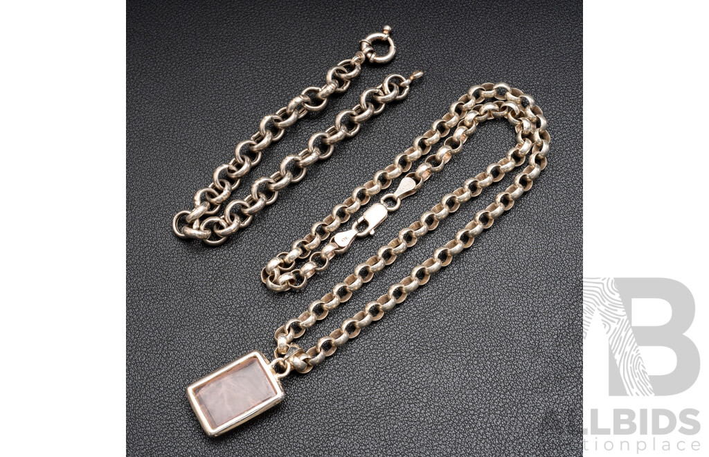 Sterling Silver Rose Quartz Belcher Link Necklace with Pendant & SS Belcher Link Bracelet, 41.13 Grams