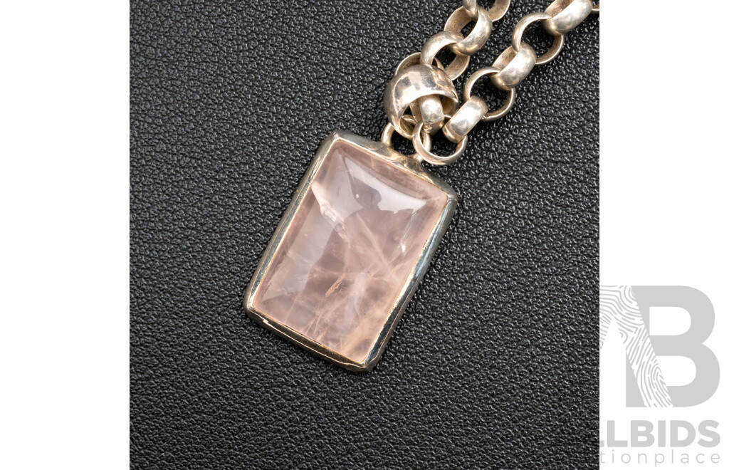 Sterling Silver Rose Quartz Belcher Link Necklace with Pendant & SS Belcher Link Bracelet, 41.13 Grams