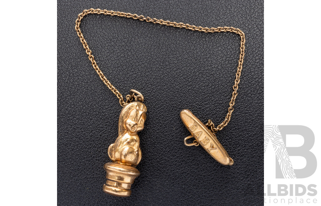 Vintage Rodd Baby Bar Brooch with Squirrel Pendant on Long Chain/dummy Holder - 9ct Lined