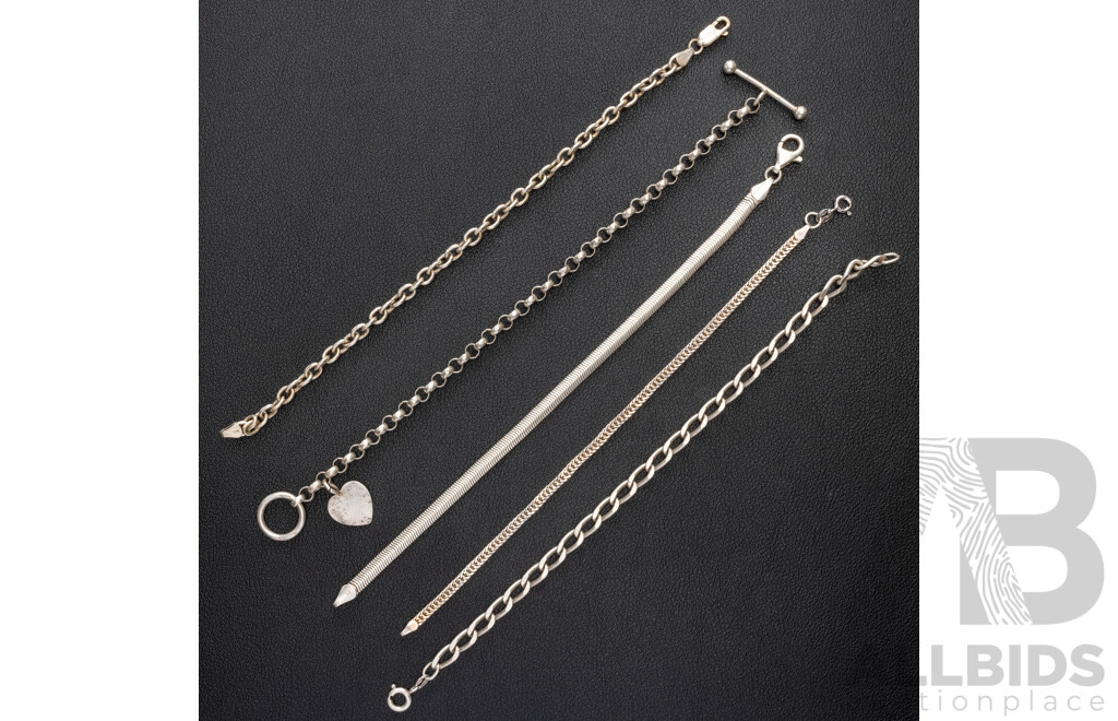Collection of (5) Sterling Silver Bracelets, 18cm-19.5cm Each, 37.90 Grams