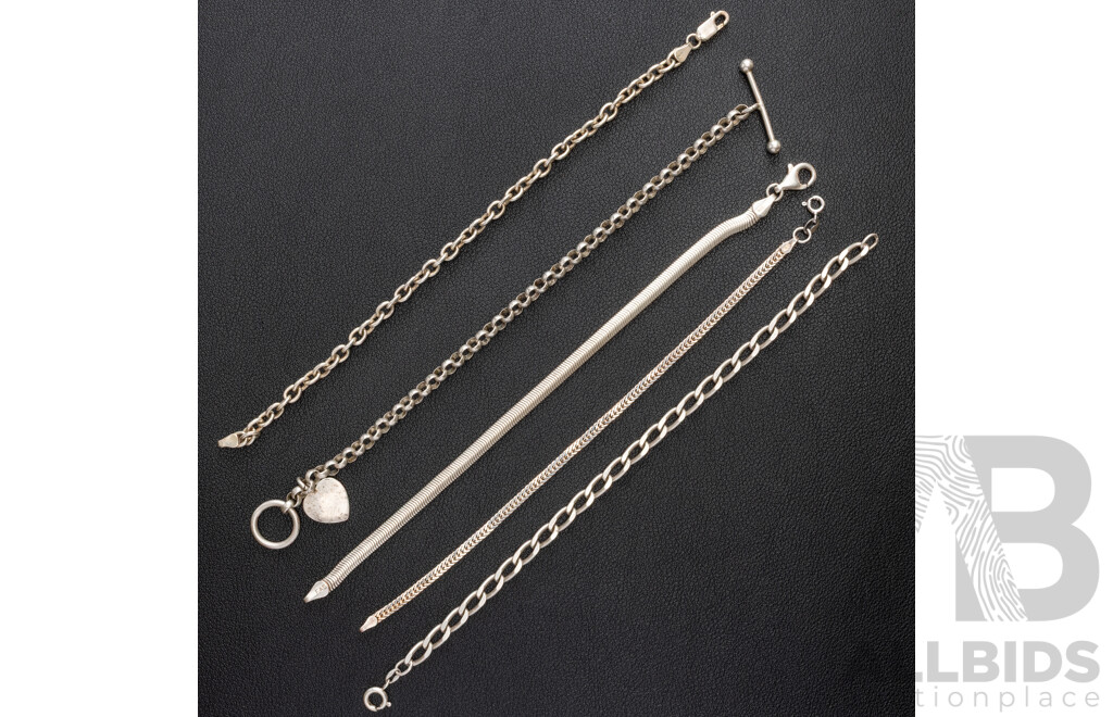 Collection of (5) Sterling Silver Bracelets, 18cm-19.5cm Each, 37.90 Grams