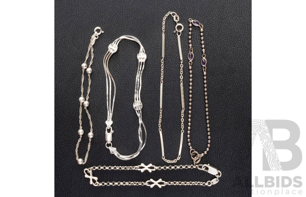Collection of (5) Sterling Silver Bracelets Including Amethyst Bracelet, 18-21cm Each, 17.84 Grams