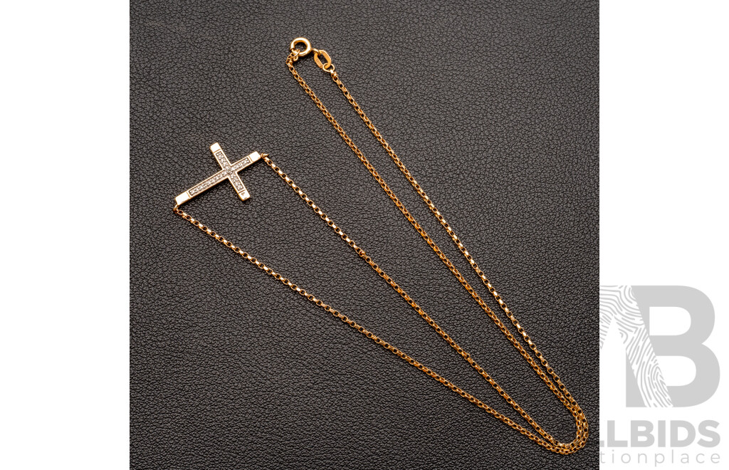 9ct Diamond Set Cross Pendant on Fixed Fine Belcher Link Chain, Est TDW0.10ct, 45cm, 3.09 Grams