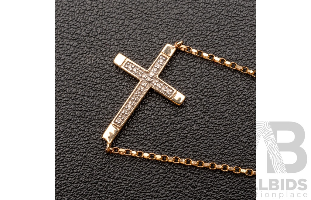 9ct Diamond Set Cross Pendant on Fixed Fine Belcher Link Chain, Est TDW0.10ct, 45cm, 3.09 Grams