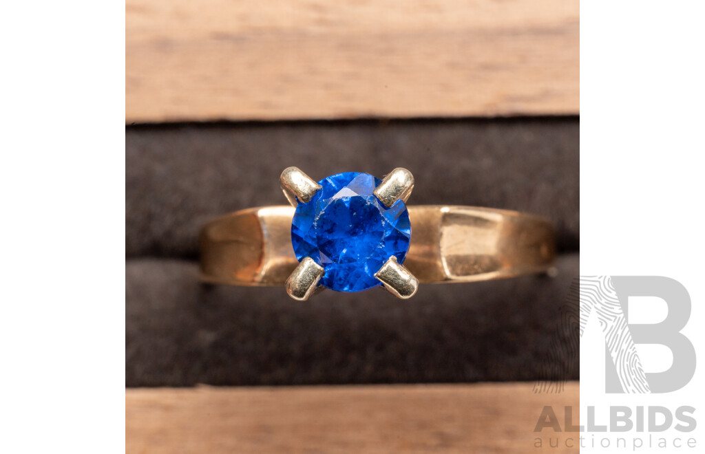 9ct Vintage Created Sapphire Solitaire Ring, Size M, 2.70 Grams