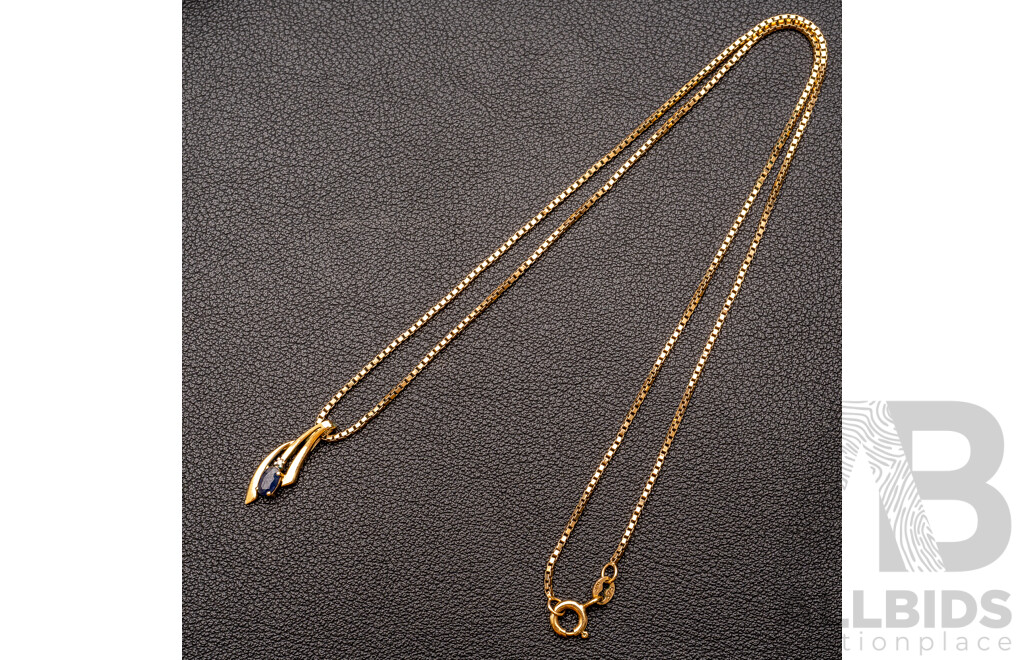 9ct Vintage Sapphire & Diamond Pendant on 9ct Box Link Chain, 45cm, 3.88 Grams