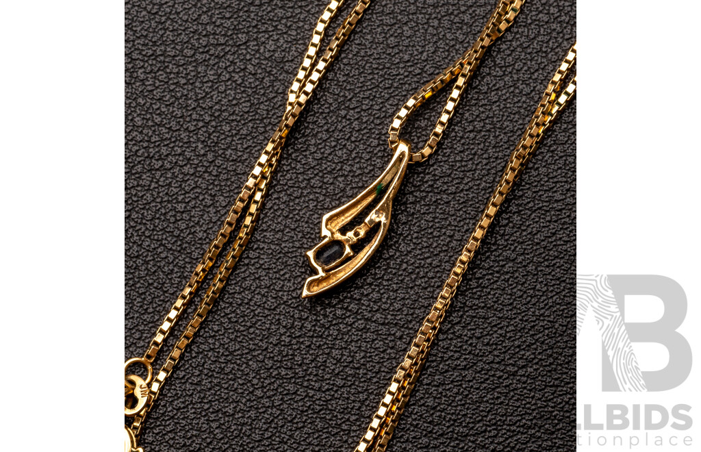 9ct Vintage Sapphire & Diamond Pendant on 9ct Box Link Chain, 45cm, 3.88 Grams