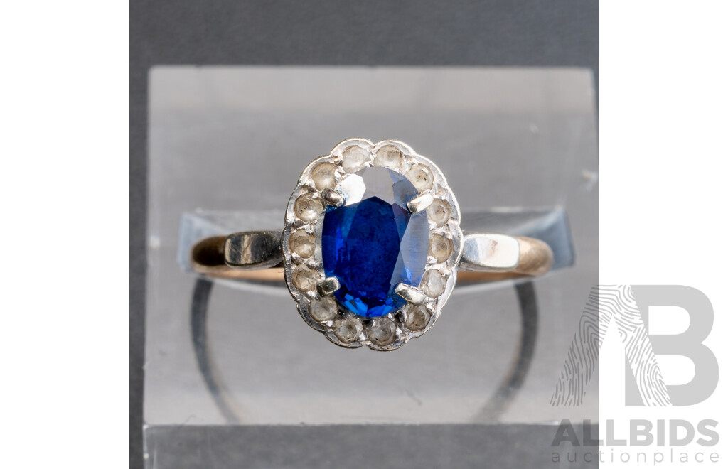 9ct Vintage Mid Blue Sapphire & White Sapphire Halo Ring, Size N, 2.11 Grams