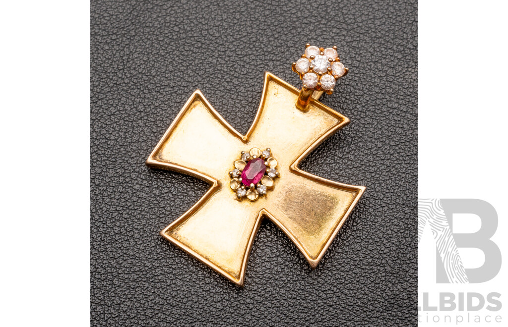 Antique Cross Shaped Medallion Pendant with No.42 Set with Ruby, Diamonds & White Sapphires, 40mm, 10.0 Grams