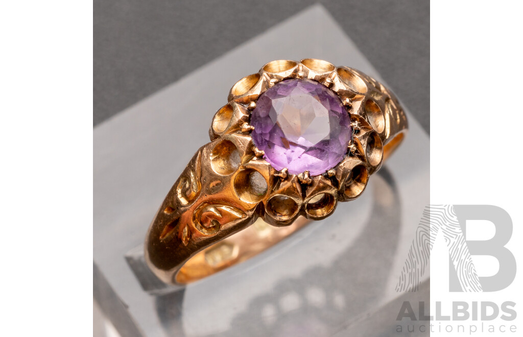 9ct Antique Amethyst Gypsy Ring, Size P1/2, Birmingham 1918, 3.48 Grams