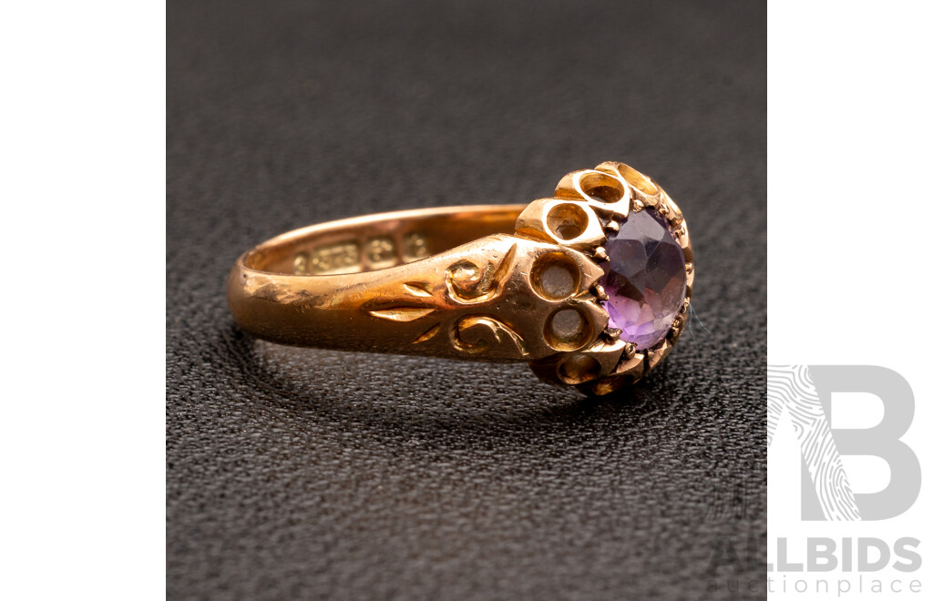 9ct Antique Amethyst Gypsy Ring, Size P1/2, Birmingham 1918, 3.48 Grams