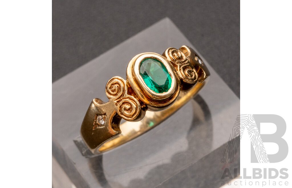 9ct Created Emerald & Diamond Ring, TDW 0.02ct, Size O, 4.17 Grams