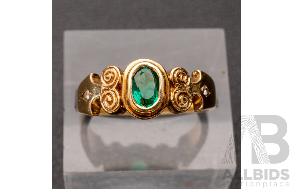 9ct Created Emerald & Diamond Ring, TDW 0.02ct, Size O, 4.17 Grams