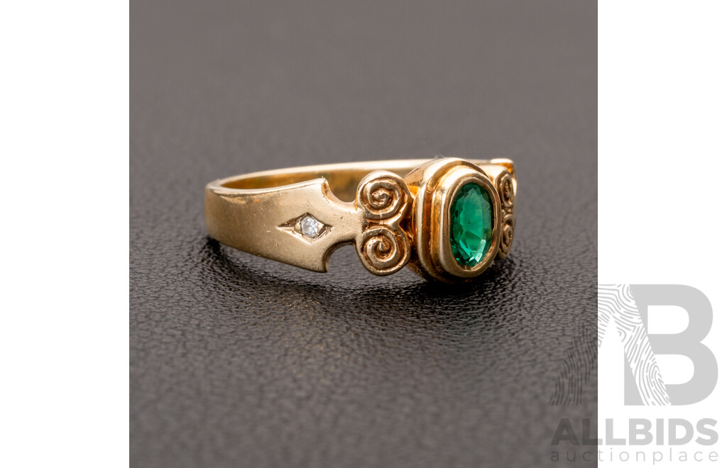 9ct Created Emerald & Diamond Ring, TDW 0.02ct, Size O, 4.17 Grams