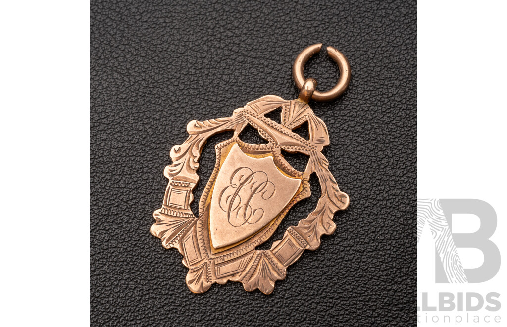 9ct Rose Gold Antique Victorian Shield Fob Pendant, 45mm, Dated '1911', 5.69 Grams