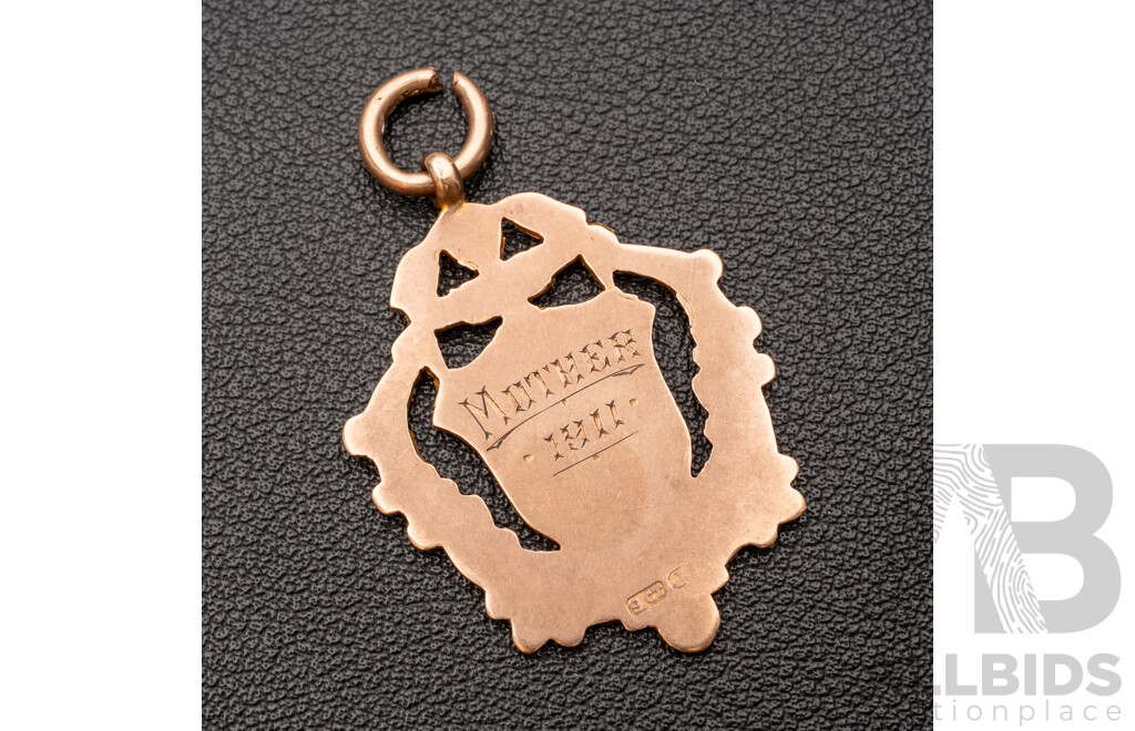 9ct Rose Gold Antique Victorian Shield Fob Pendant, 45mm, Dated '1911', 5.69 Grams