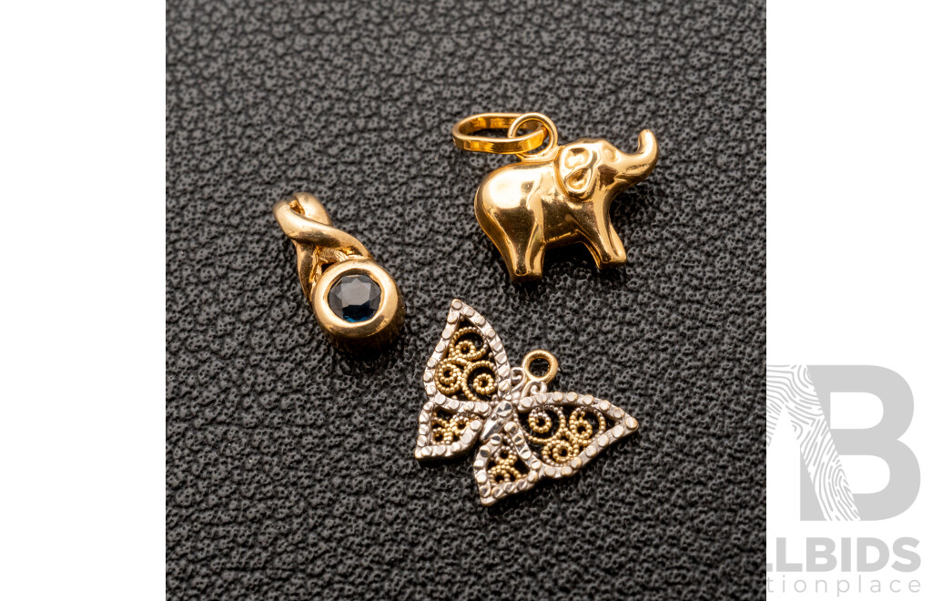 9ct Natural Sapphire Pendant, 9ct Elephant & Filigree Butterfly Charms, 1.05 Grams