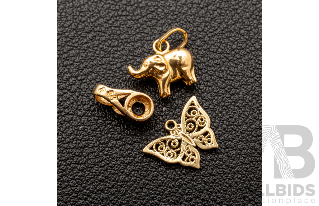 9ct Natural Sapphire Pendant, 9ct Elephant & Filigree Butterfly Charms, 1.05 Grams