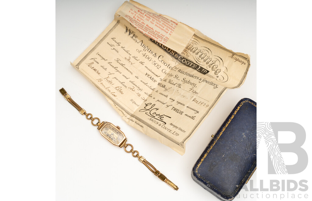 9ct Antique Angus & Coote Sydney Gold Ladies Dress Watch, T120, with Original Case & Receipt Dated 1929