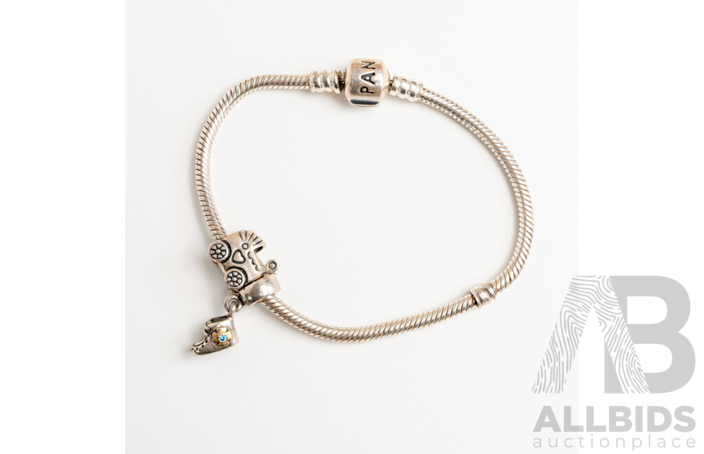 Pandora Sterling Silver 'Moments' Snake Chain Bracelet, 18cm with Pandora Pram & Baby Boot Charms, 20.30 Grams