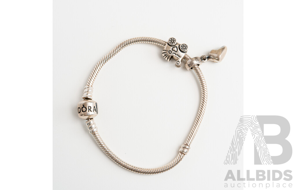 Pandora Sterling Silver 'Moments' Snake Chain Bracelet, 18cm with Pandora Pram & Baby Boot Charms, 20.30 Grams
