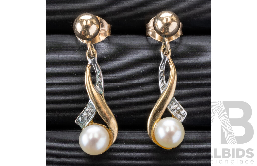 9ct Vintage Diamond Set Pearl Drop Stud Earrings, 20mm, 0.99 Grams