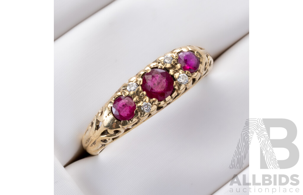 9ct Vintage Ruby & Diamond Bridge Ring, TDW 0.05ct, Size L, 2.01 Grams