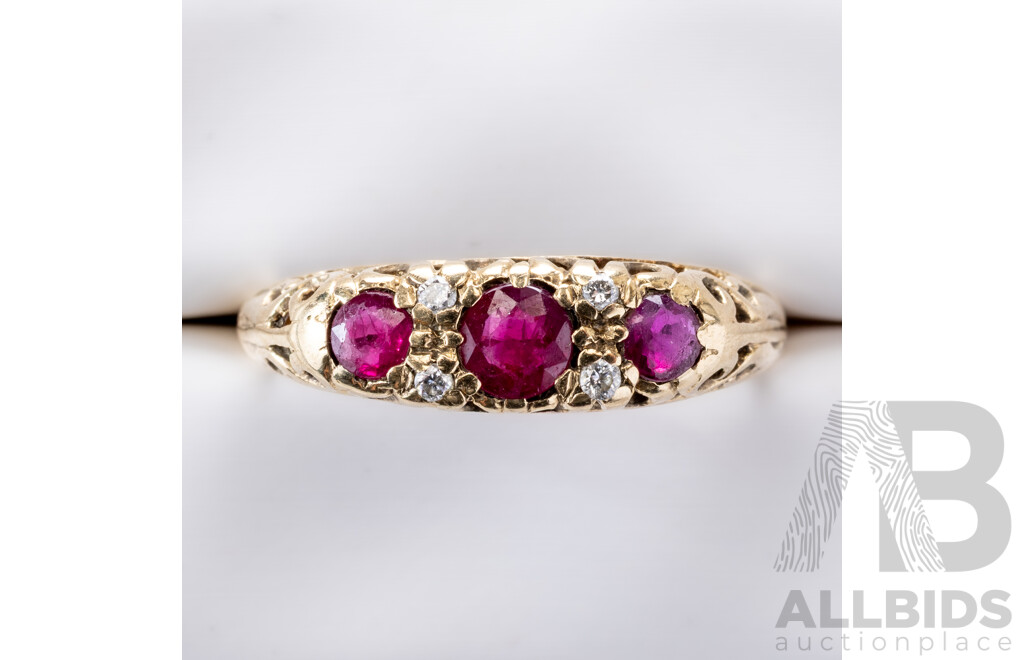 9ct Vintage Ruby & Diamond Bridge Ring, TDW 0.05ct, Size L, 2.01 Grams