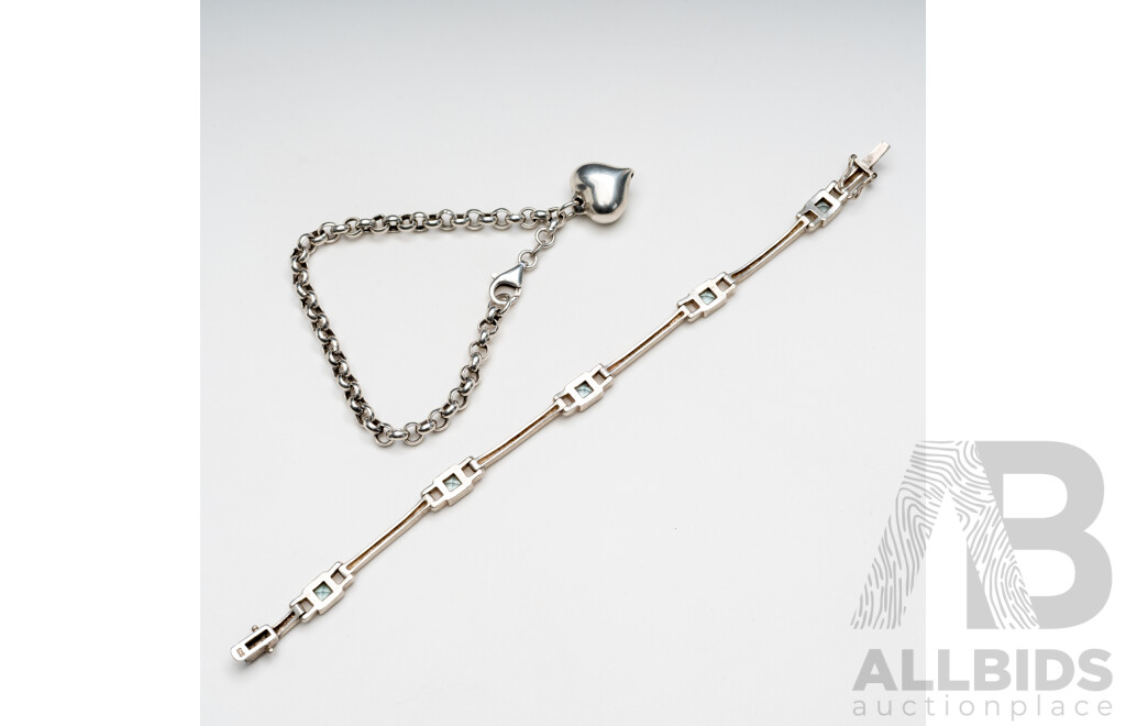 Sterling Silver Topaz Bracelet & Sterling Silver Belcher Bracelet with Puffy Heart Charm, 21.38 Grams