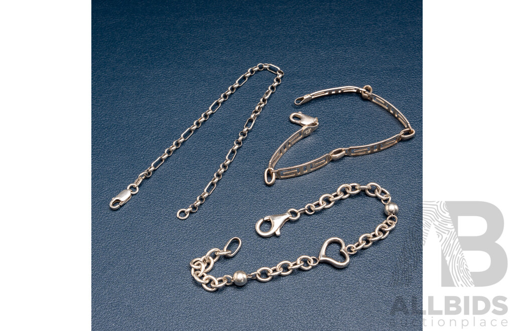 Mexican Sterling Silver Patterned Bar Bracelet with (2) Other Decorative Sterling Bracelets,