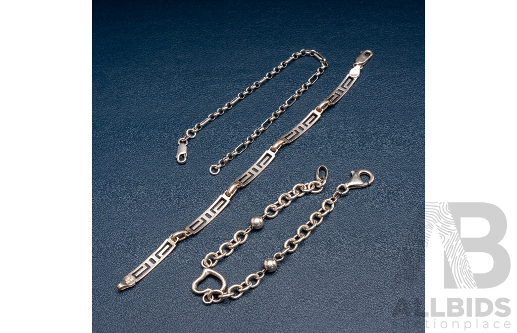 Mexican Sterling Silver Patterned Bar Bracelet with (2) Other Decorative Sterling Bracelets,