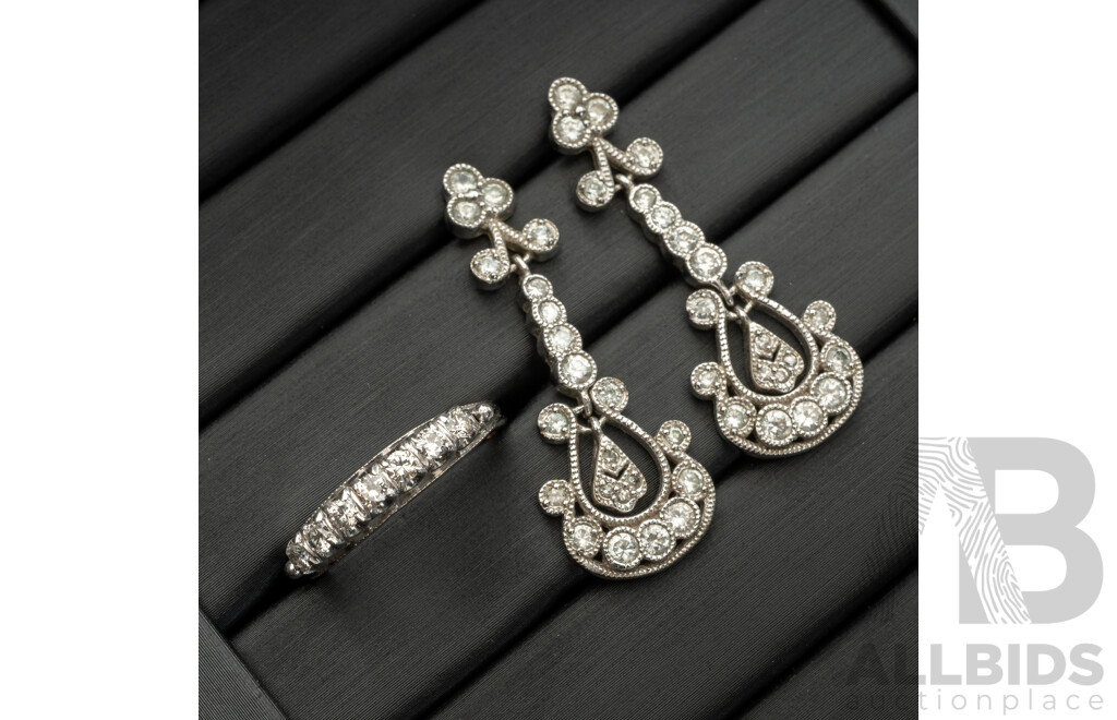 Sterling Silver Cz Set Bangle, Ring and Drop Stud Earrings Set, 19.18 Grams