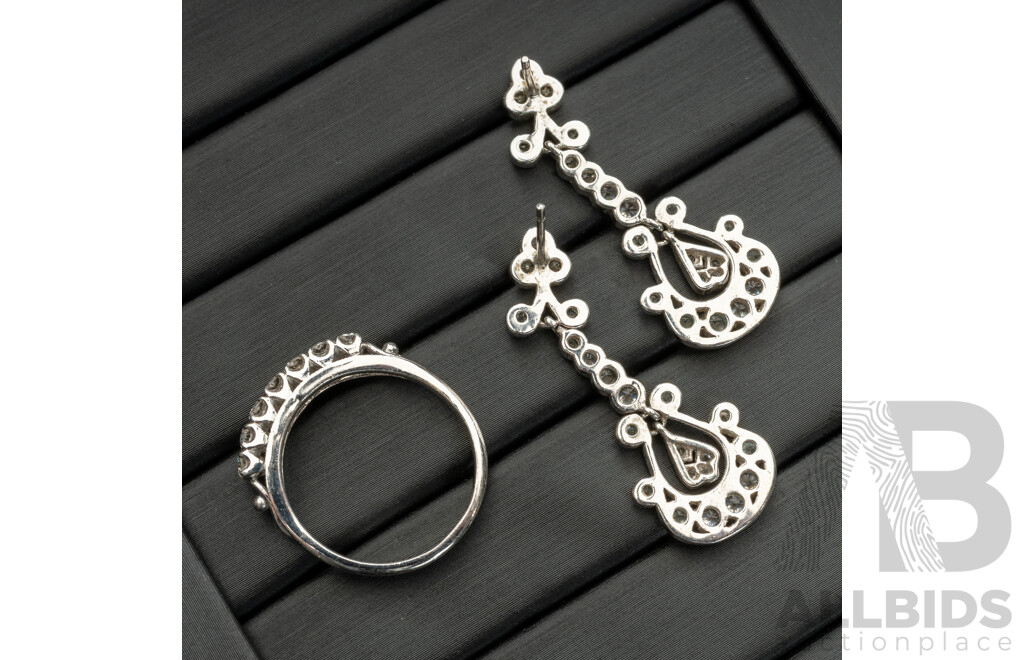 Sterling Silver Cz Set Bangle, Ring and Drop Stud Earrings Set, 19.18 Grams