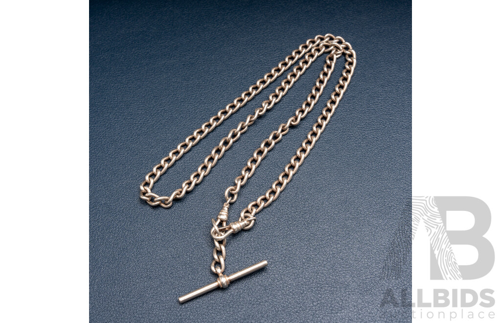 Vintage Sterling Silver Fob Chain with Double Albert Swivel Clasps and T-Bar Pendant, 50cm, 35.28 Grams