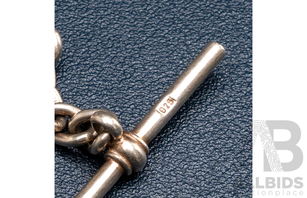 Vintage Sterling Silver Fob Chain with Double Albert Swivel Clasps and T-Bar Pendant, 50cm, 35.28 Grams