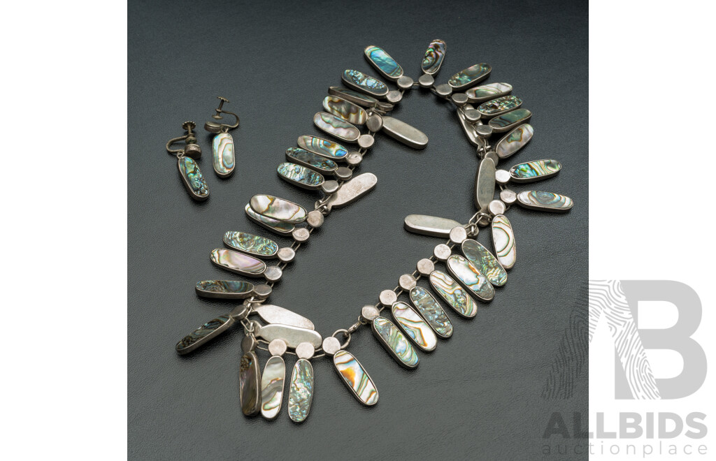 Mid Century Taxco Mexican Modernist Sterling Silver Paua Shell Necklet & Earrings Set, 101.0 Grams