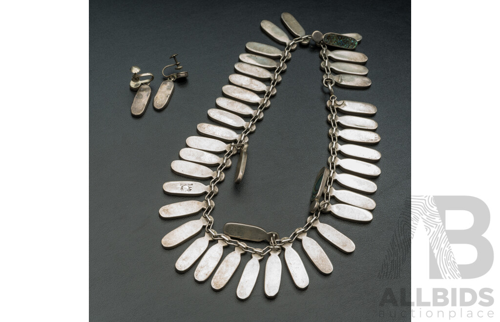 Mid Century Taxco Mexican Modernist Sterling Silver Paua Shell Necklet & Earrings Set, 101.0 Grams