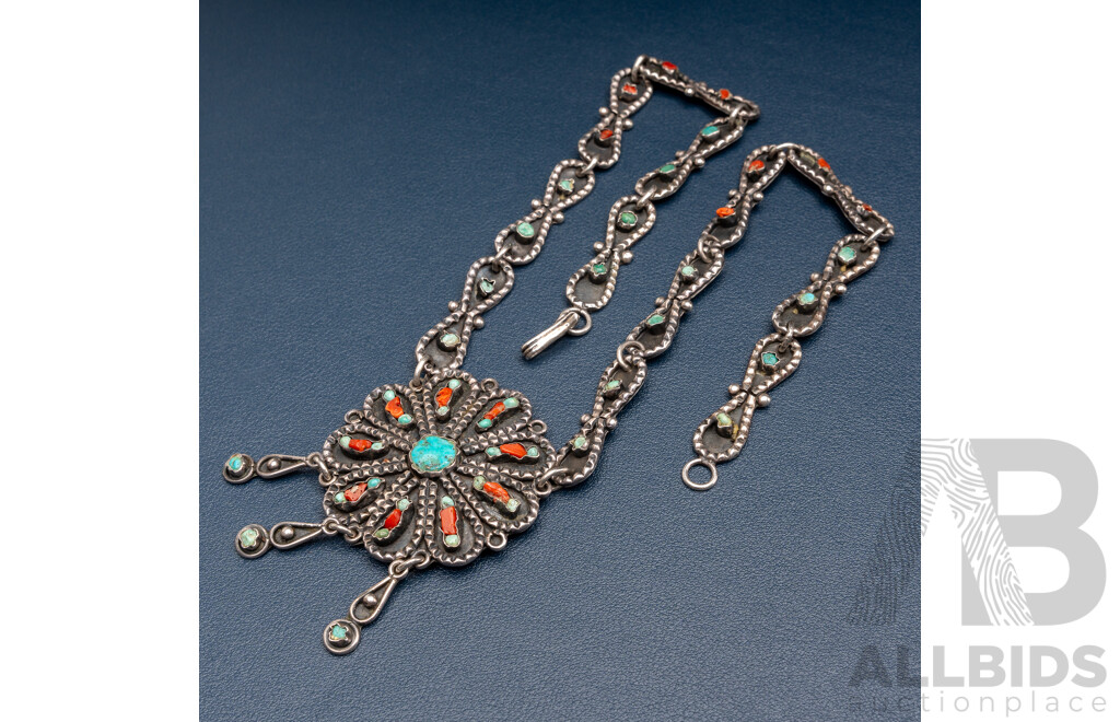 Vintage Mexican Sterling Silver Coral & Turquoise Necklace, 50cm, 80.0 Grams