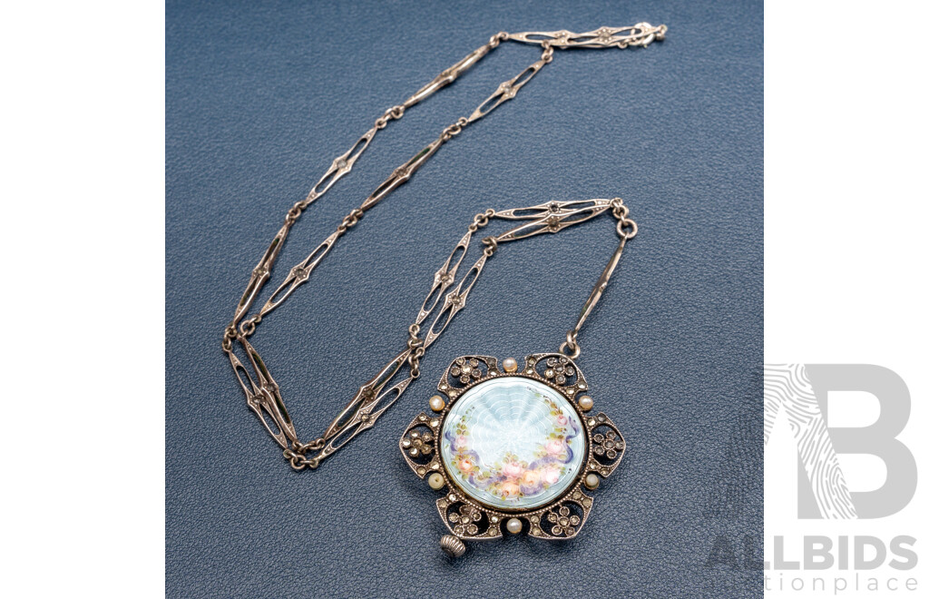 Vintage Sterling Silver Enamel Floral Motif Pendant Watch with Seed Pearls & Ornate Chain, 52cm, 34.35 Grams