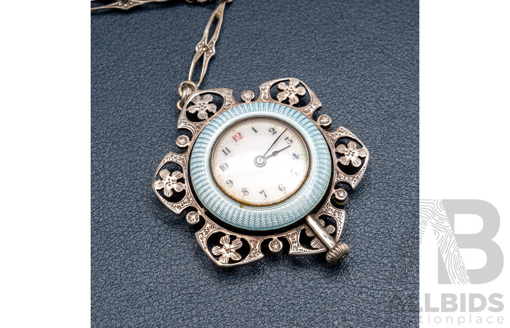 Vintage Sterling Silver Enamel Floral Motif Pendant Watch with Seed Pearls & Ornate Chain, 52cm, 34.35 Grams