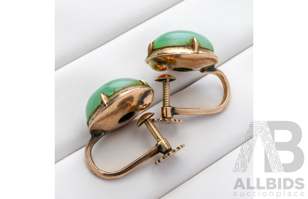 14ct Vintage Jadeite Cabochon Screw Back Clip on Earrings, 12.2mm, 4.07 Grams