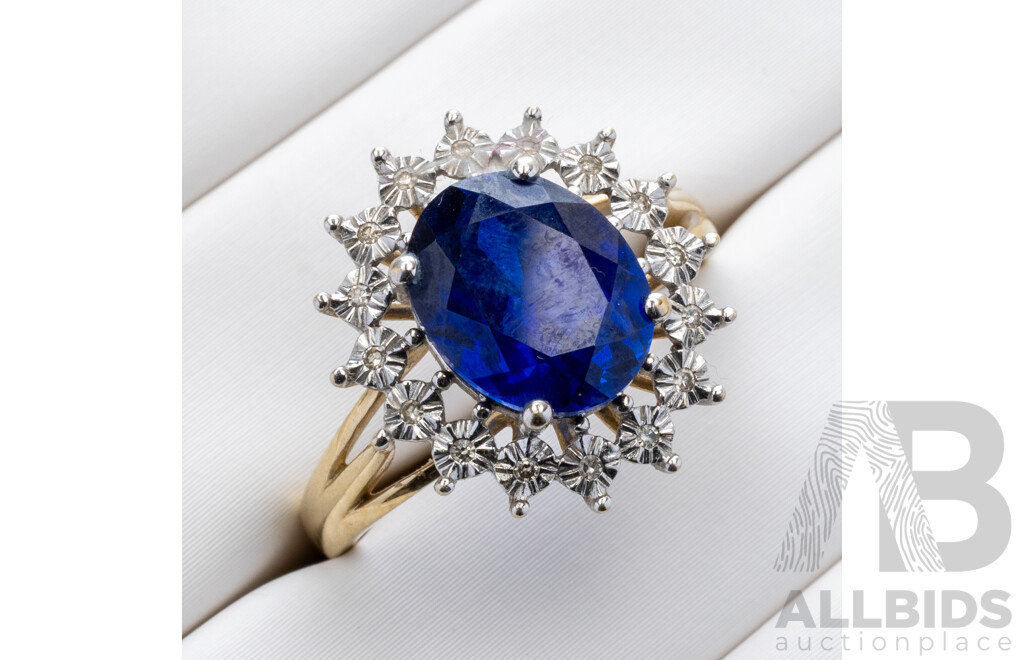 9ct Created Sapphire & Diamond Halo Ring, TDW 0.05ct, Size O, 3.21 Grams