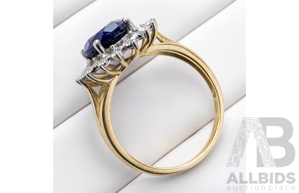 9ct Created Sapphire & Diamond Halo Ring, TDW 0.05ct, Size O, 3.21 Grams