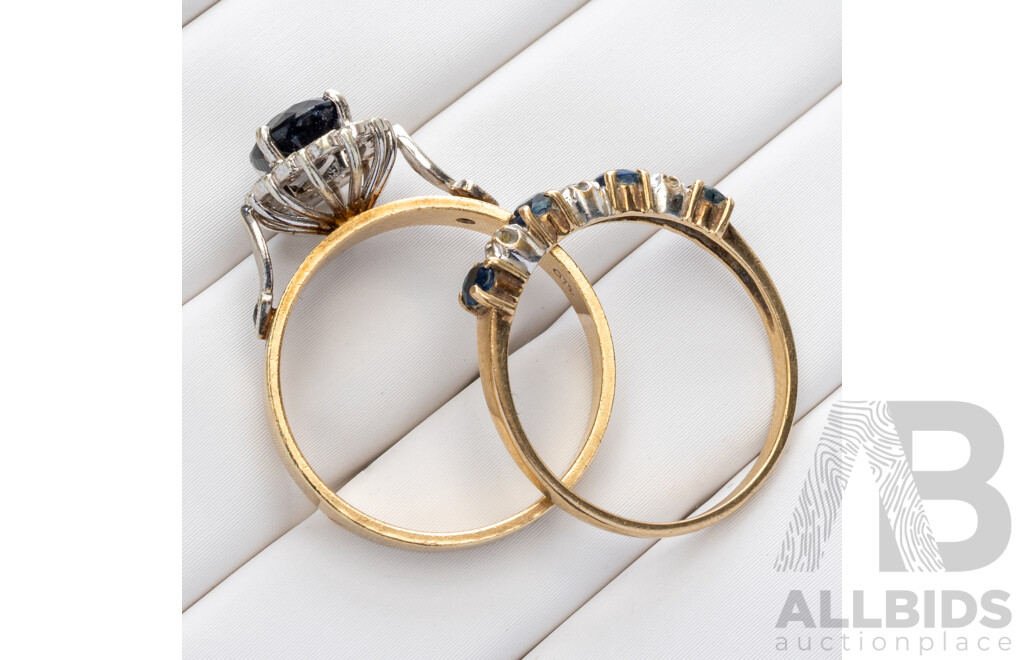 9ct Vintage Sapphire & Diamond Bridal Set, Est TDW 0.075ct, Size O/P, 4.60 Grams