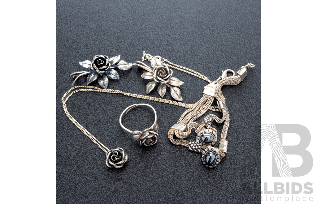 Sterling Silver Vintage Rose Jewellery Set & Ss Ornate Heamatite Bracelet, 36.93 Grams