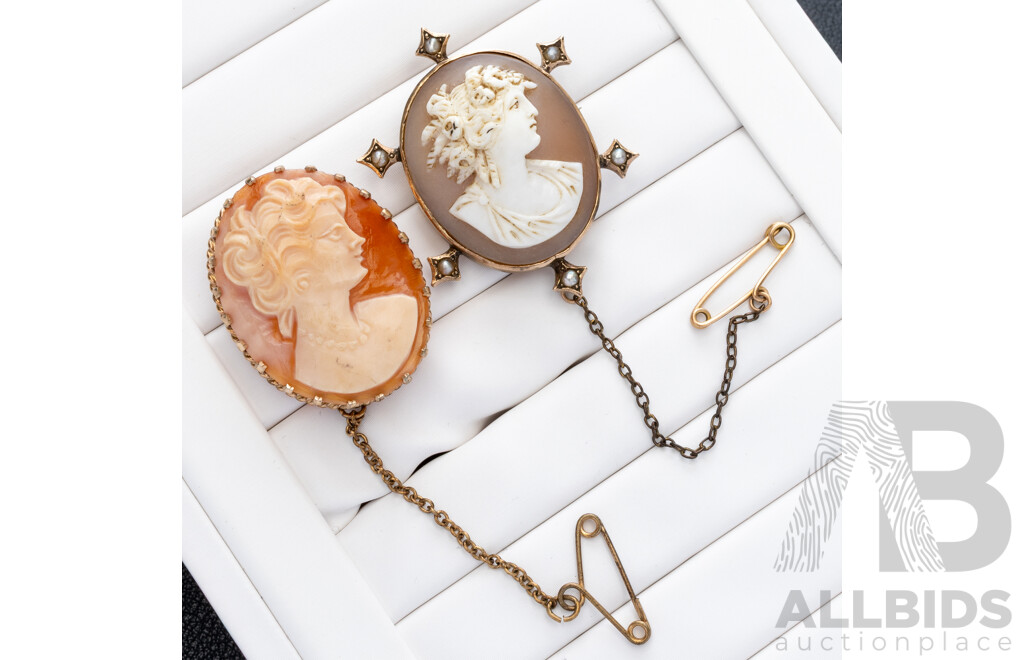 9ct Vintage Hand Carved Shell Cameo Brooch with Seed Pearls, 7.60 Grams & Gold Foil Vintage Shell Cameo Brooch