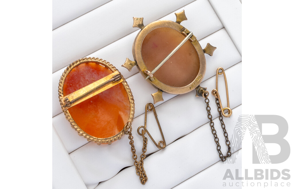 9ct Vintage Hand Carved Shell Cameo Brooch with Seed Pearls, 7.60 Grams & Gold Foil Vintage Shell Cameo Brooch